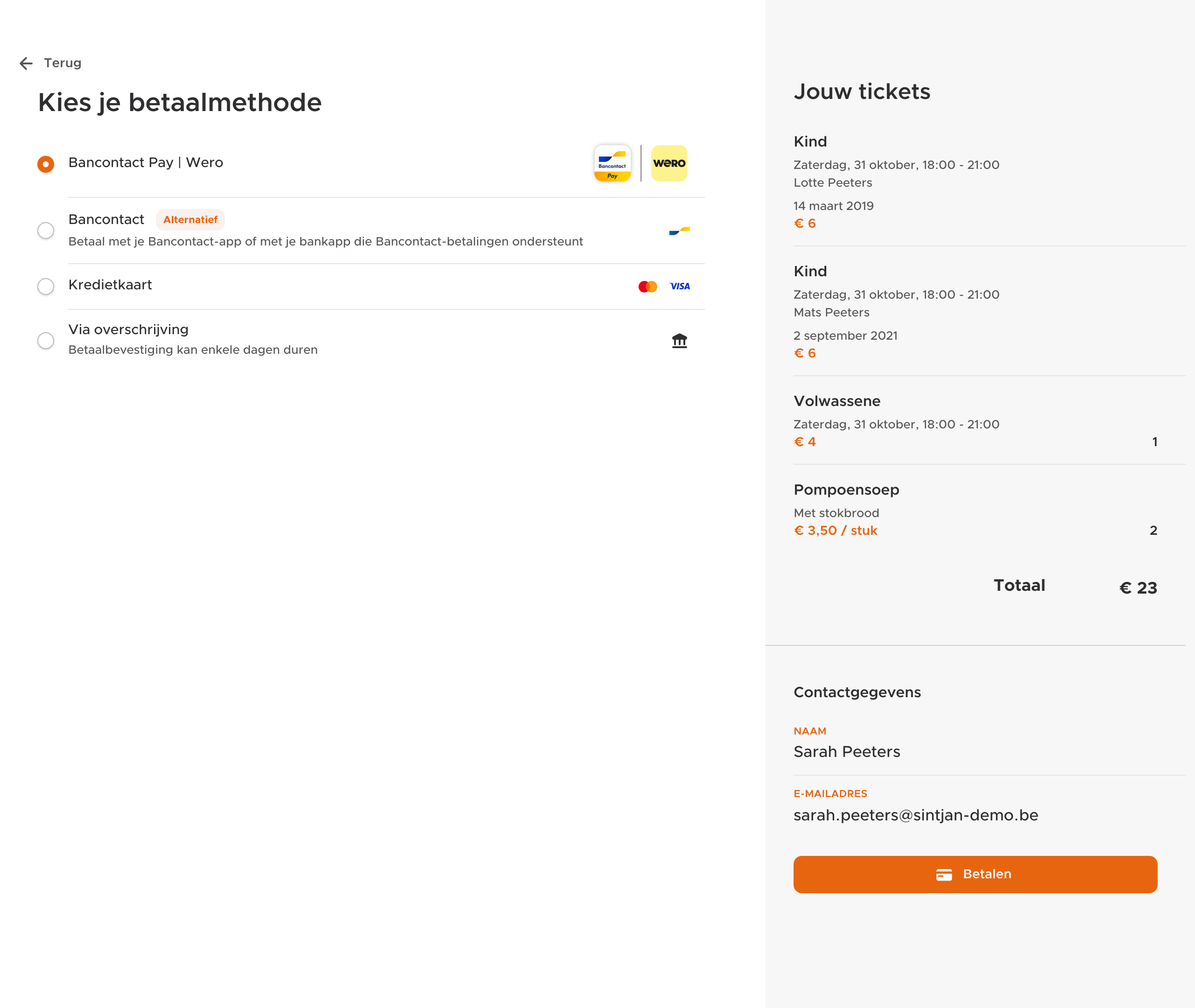 Overzicht van de bestelling net voor het betalen