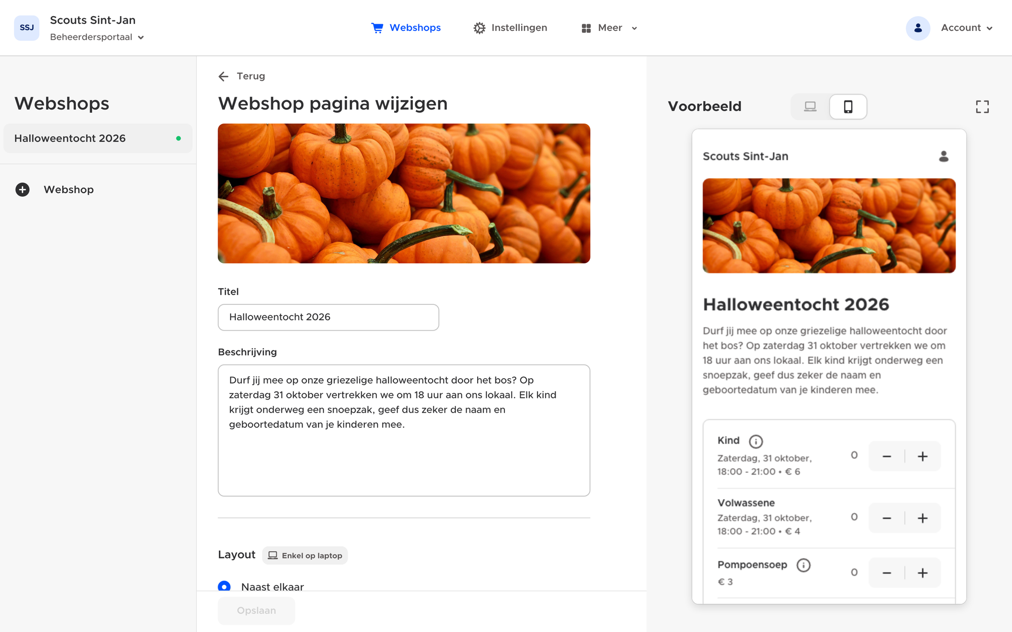 Live voorbeeld naast de instellingen van je webshop
