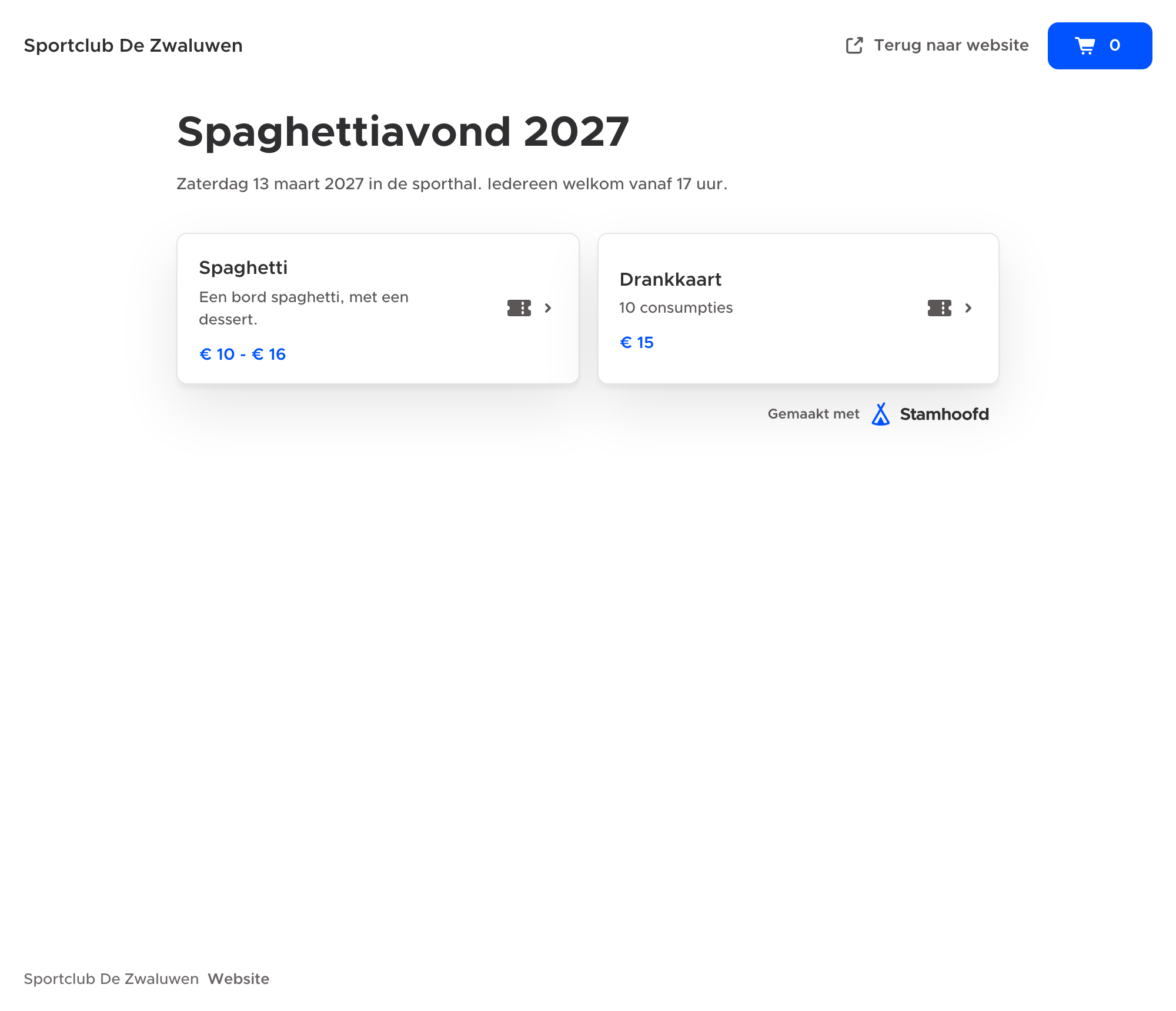 Winkelmandje: de artikels staan als tegels op de startpagina.