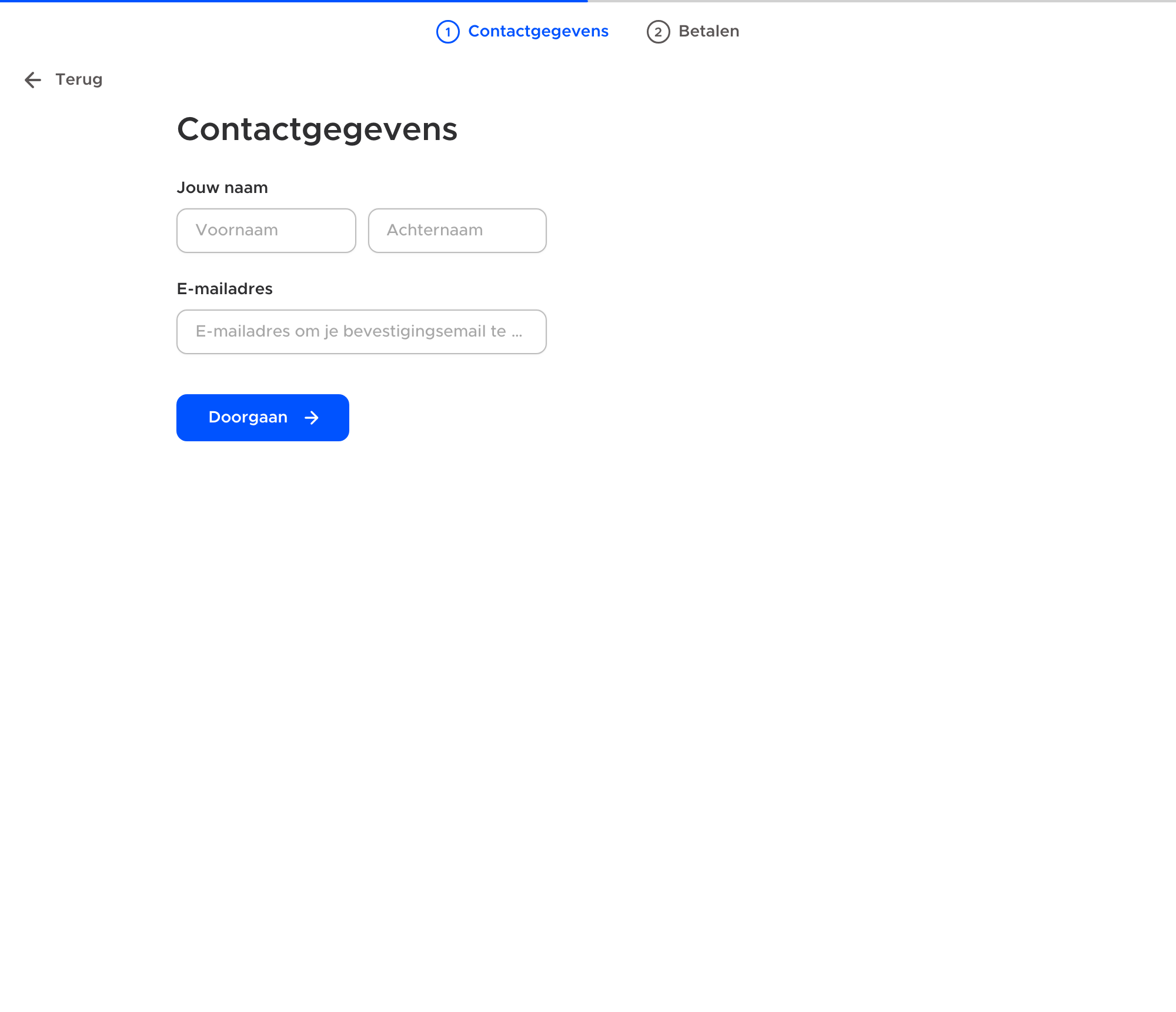 Na Inschrijven volgen meteen de contactgegevens en de betaling, zonder winkelmandje.