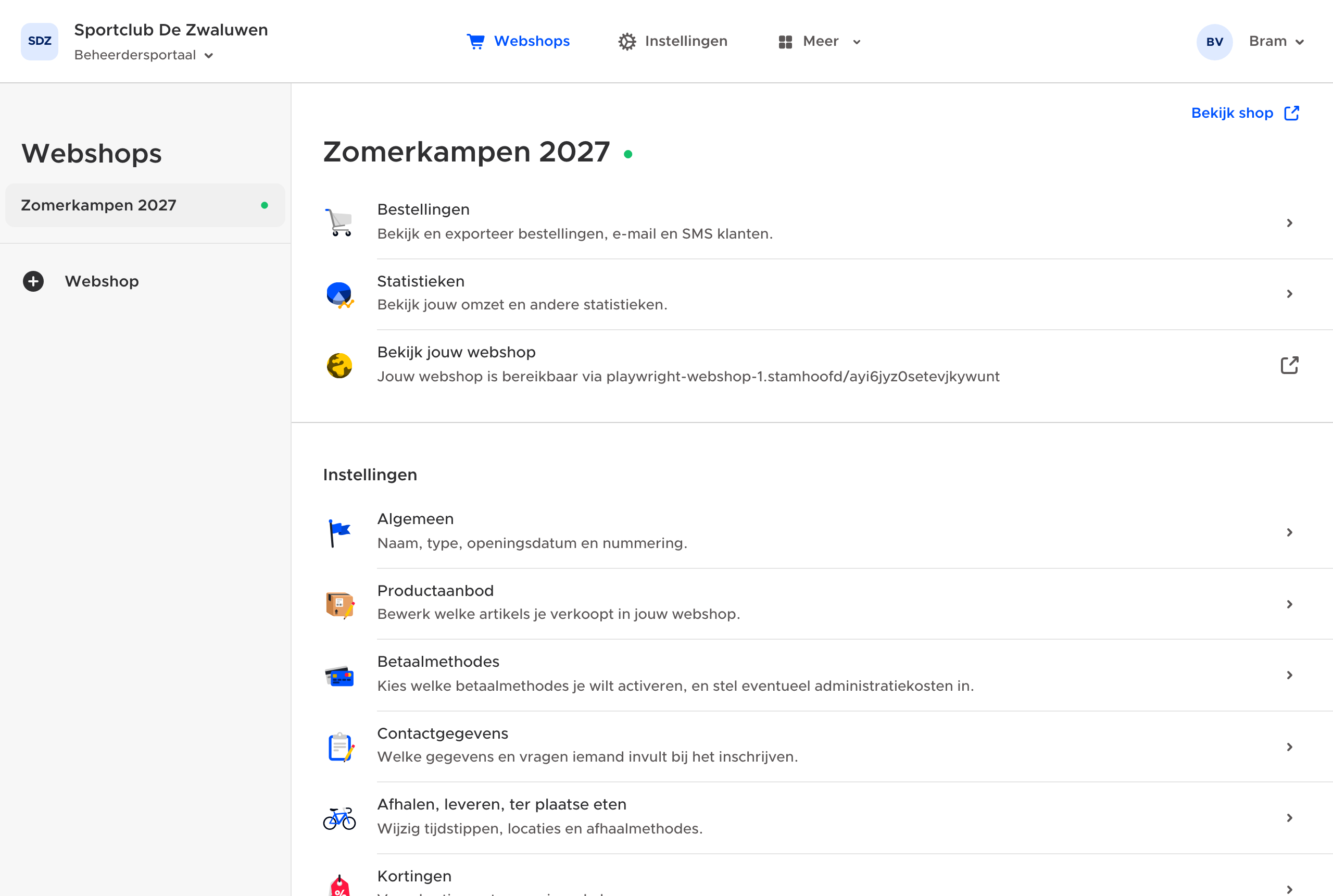 Contactgegevens in de instellingen van een webshop voor inschrijvingen.