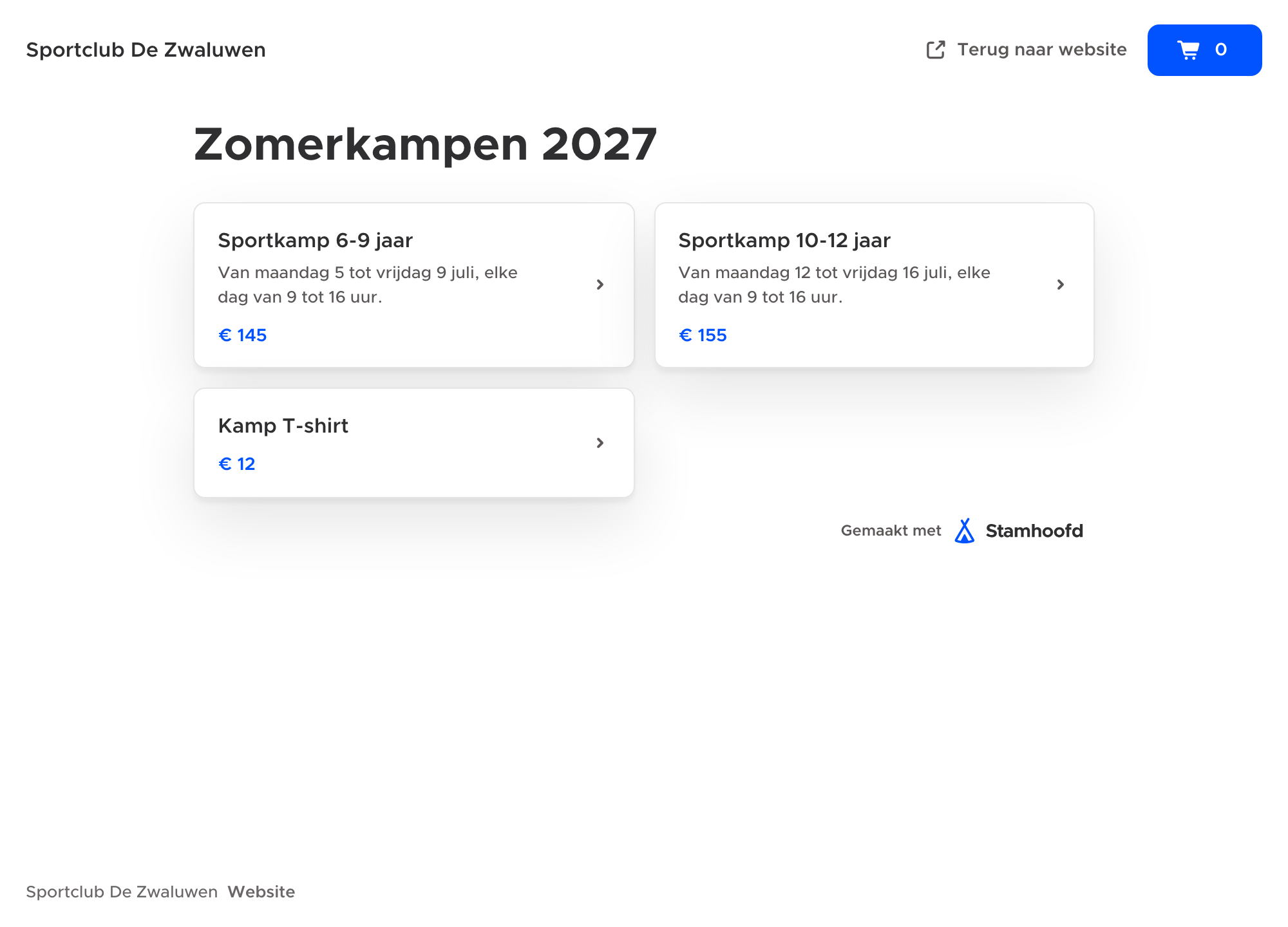 De webshop met de twee kampen en het T-shirt.
