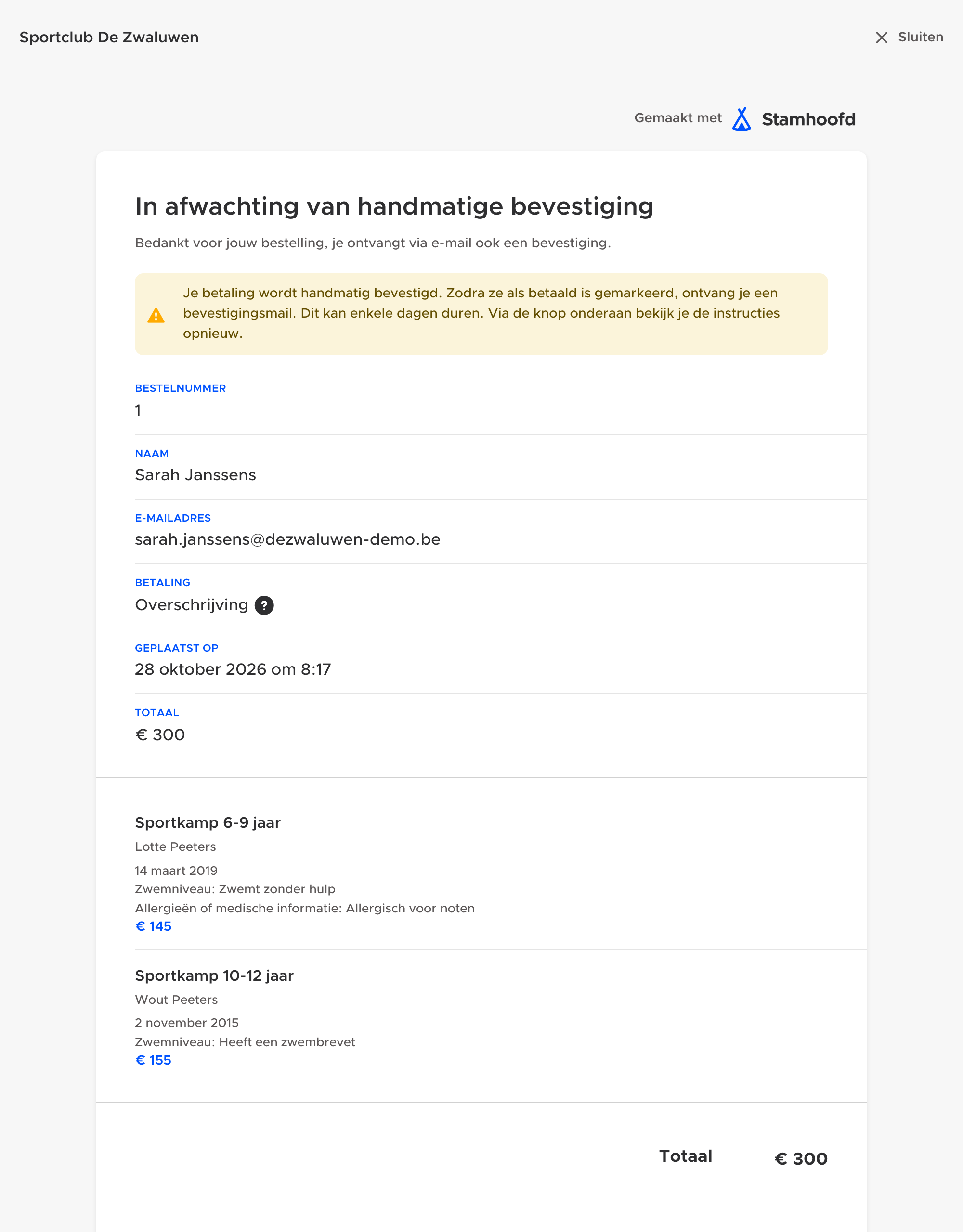 Na het afrekenen ziet de ouder een overzicht met de gegevens van elke deelnemer.