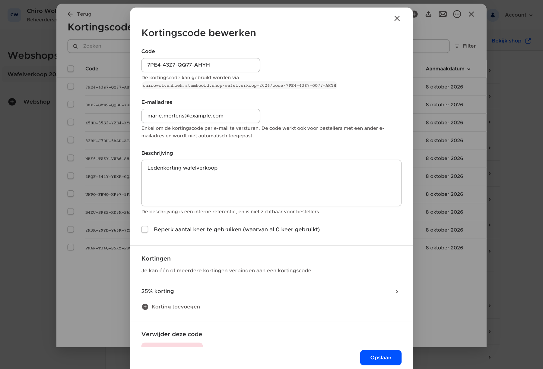 Een kortingscode bewerken met een beschrijving en een korting van 25%