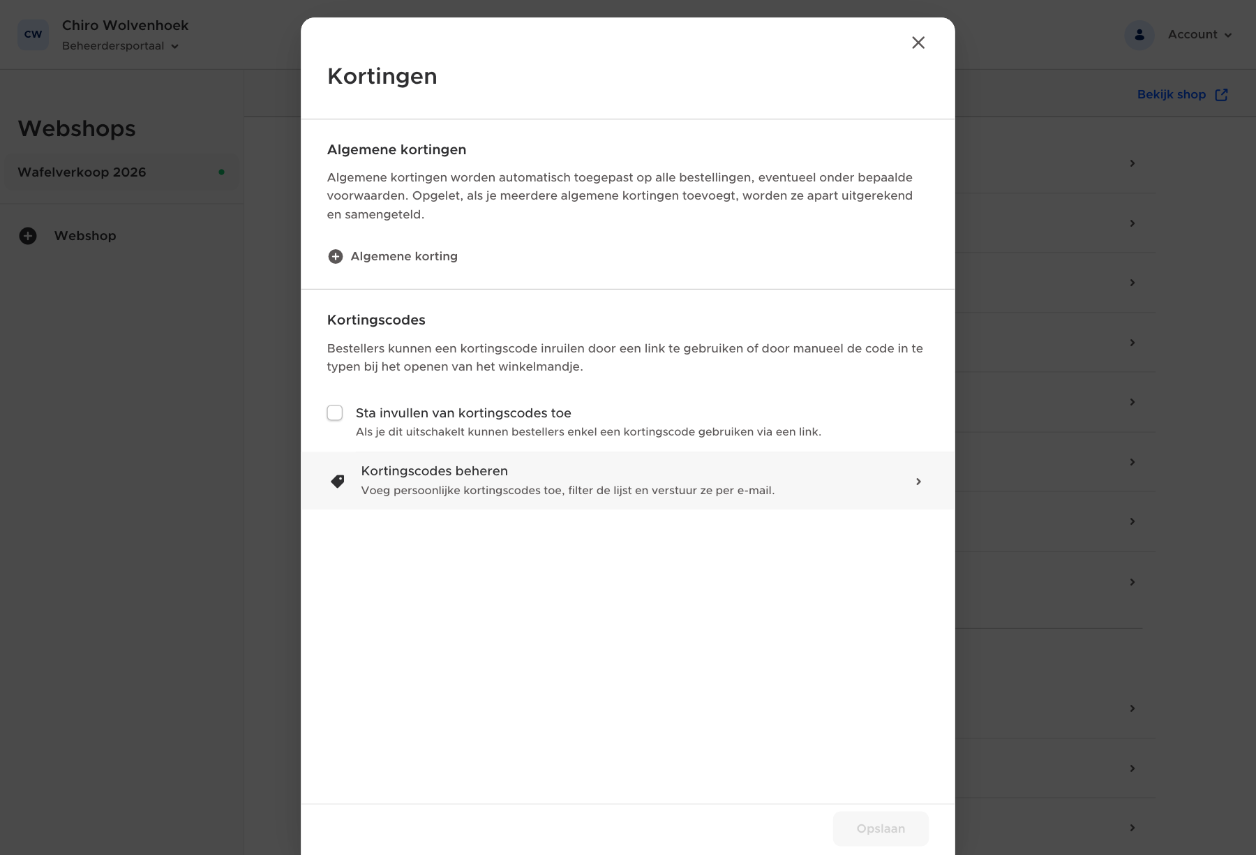 De instellingen van een webshop met de optie Kortingscodes beheren
