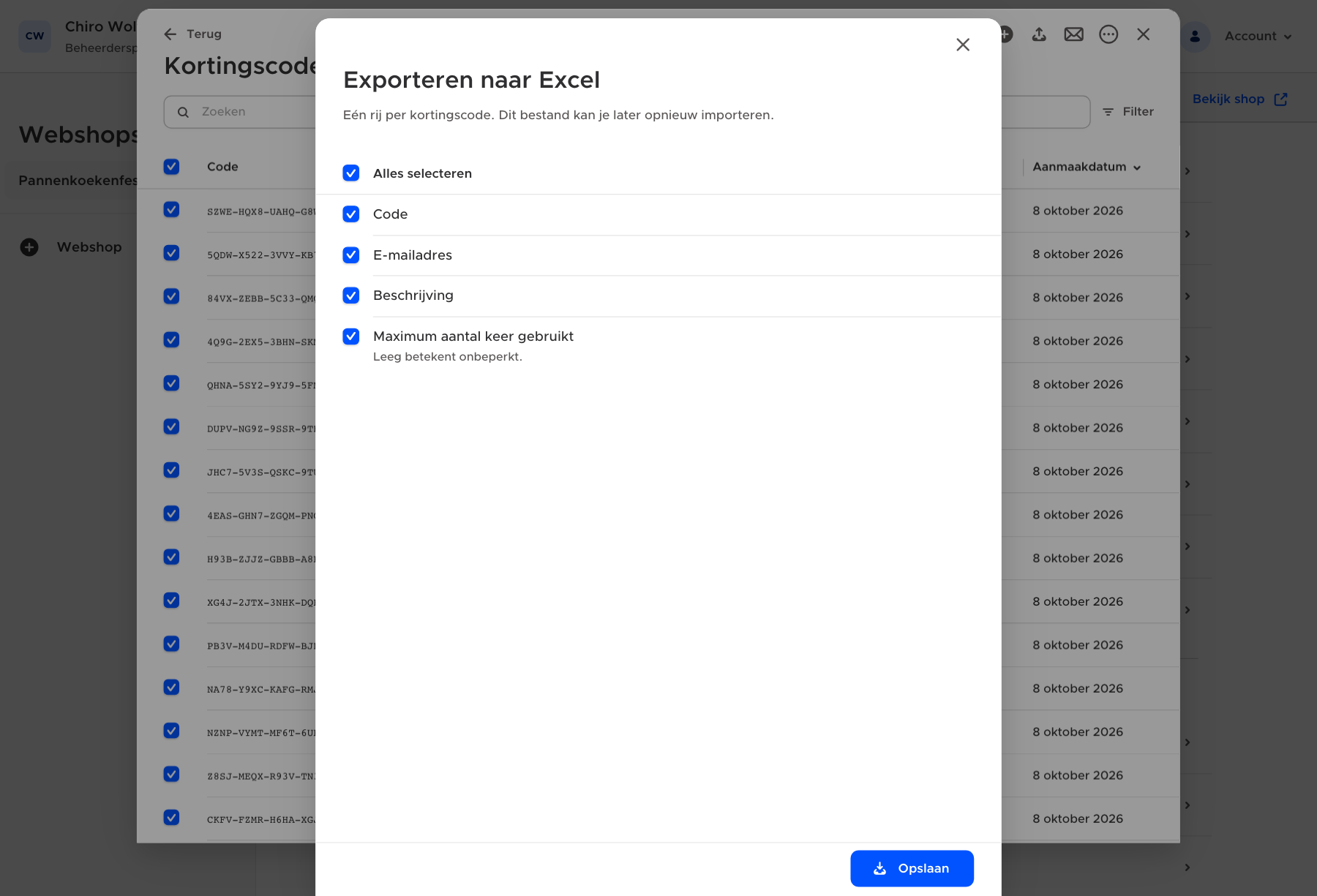 De kolommen kiezen voor de export naar Excel