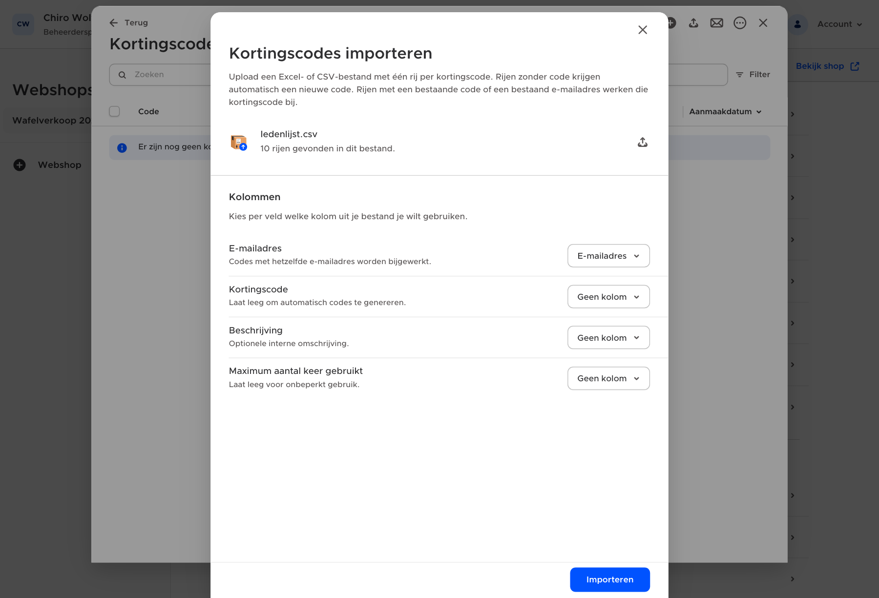 Het scherm om kortingscodes te importeren, met de kolommen van het bestand