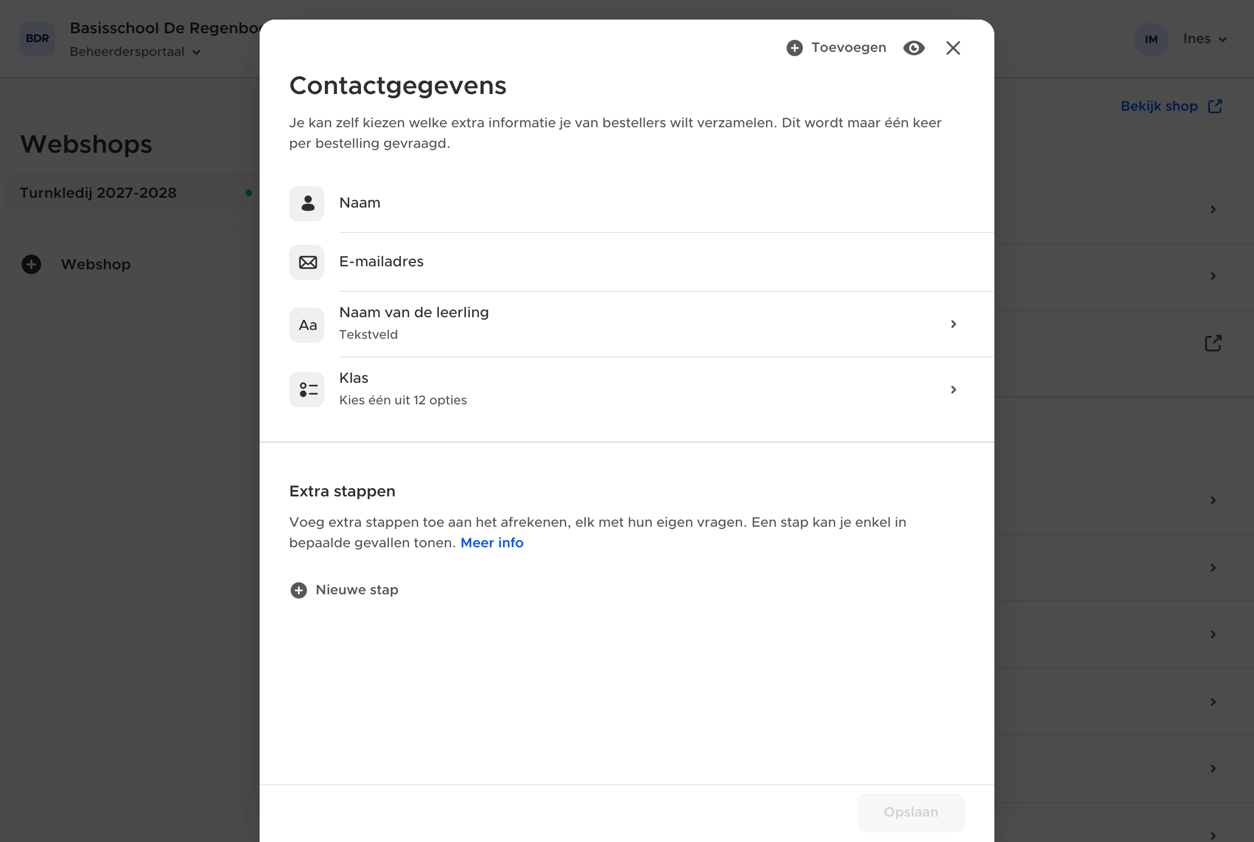 De contactgegevens met de naam en klas van de leerling.
