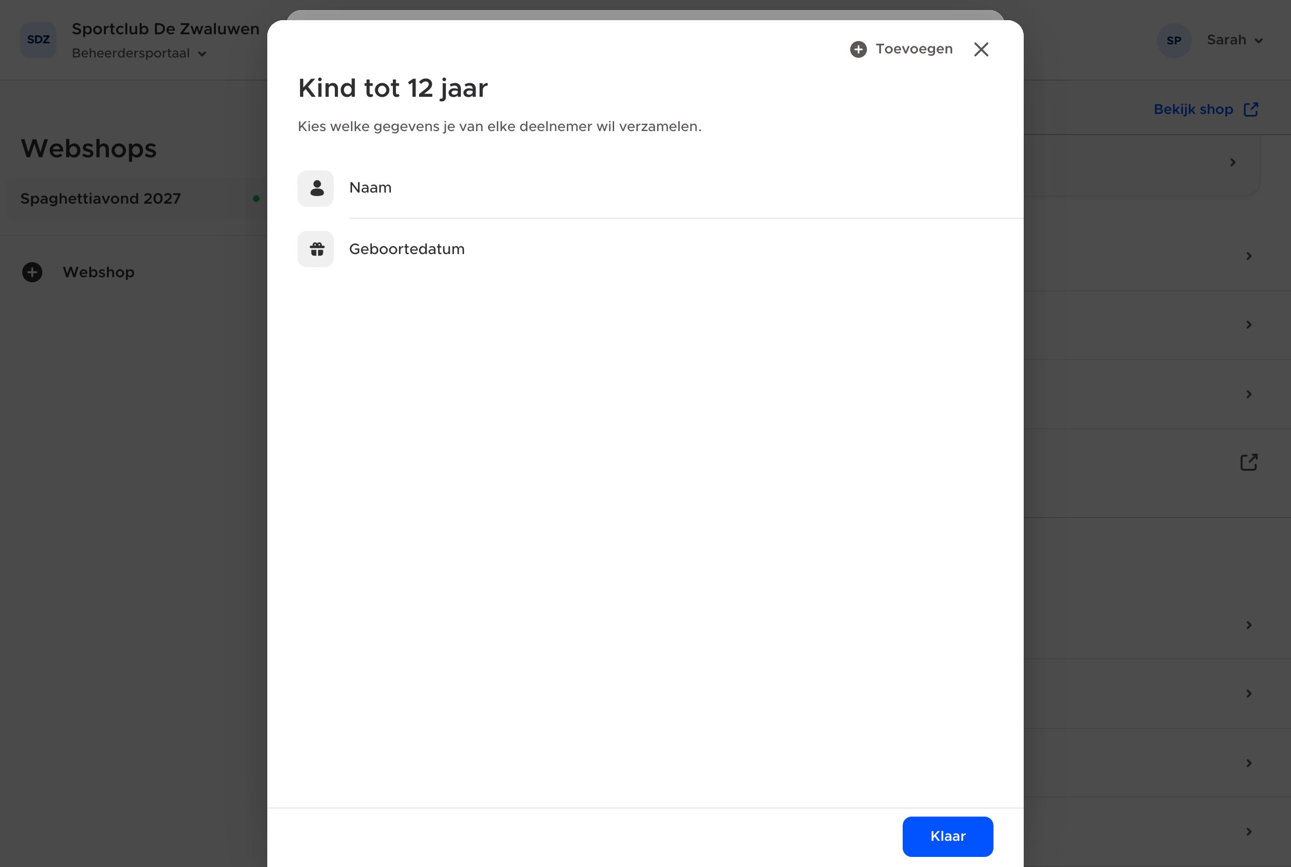 De gegevens per deelnemer voor het kinderticket.