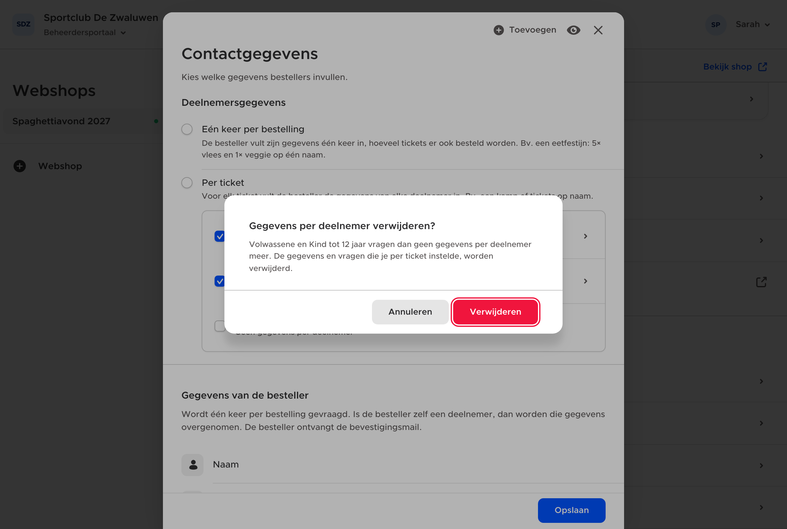 Bevestiging voordat de instellingen per ticket verwijderd worden.